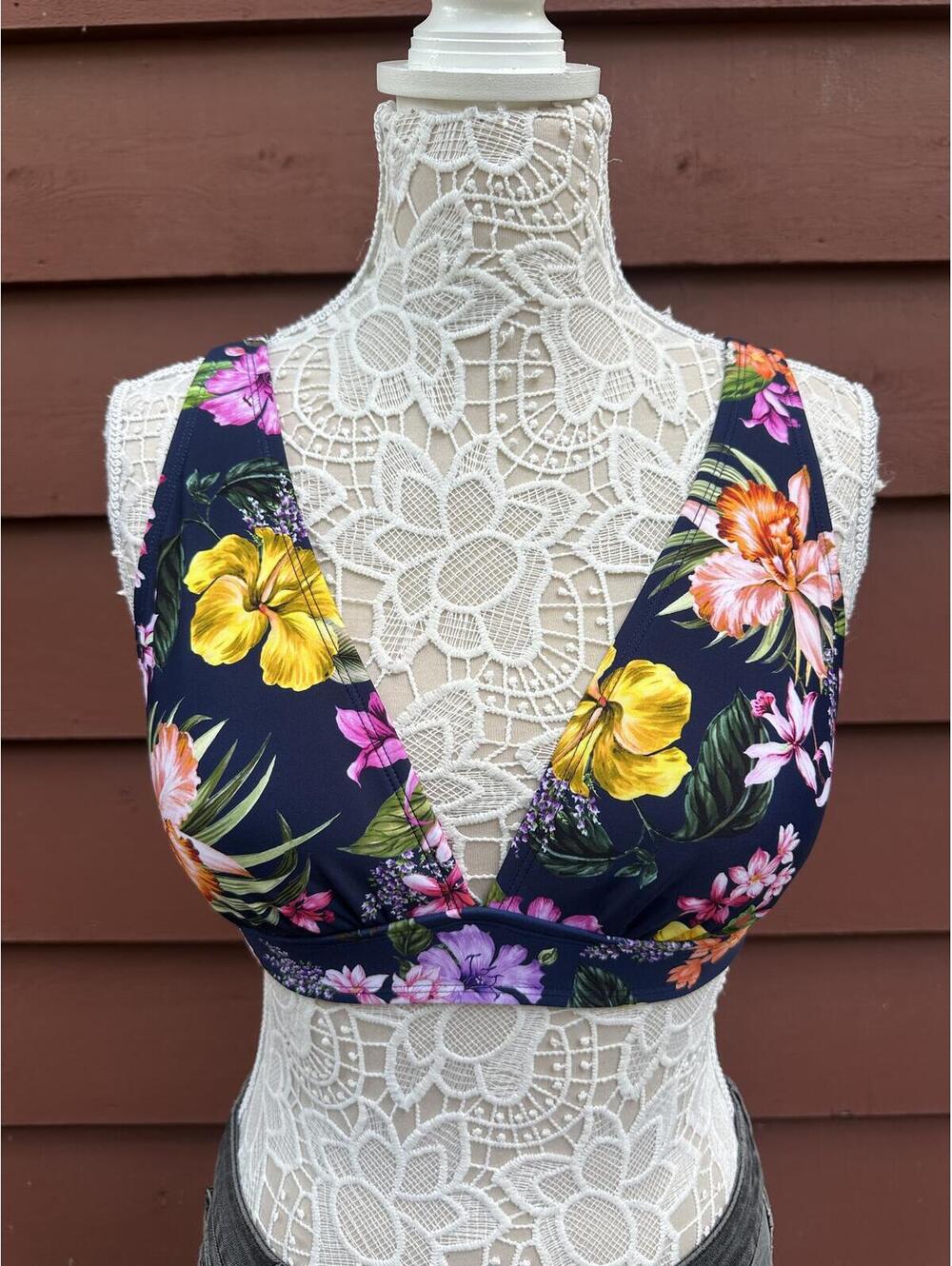 Y2K Fairycore Navy Floral V Neck Bikini Top